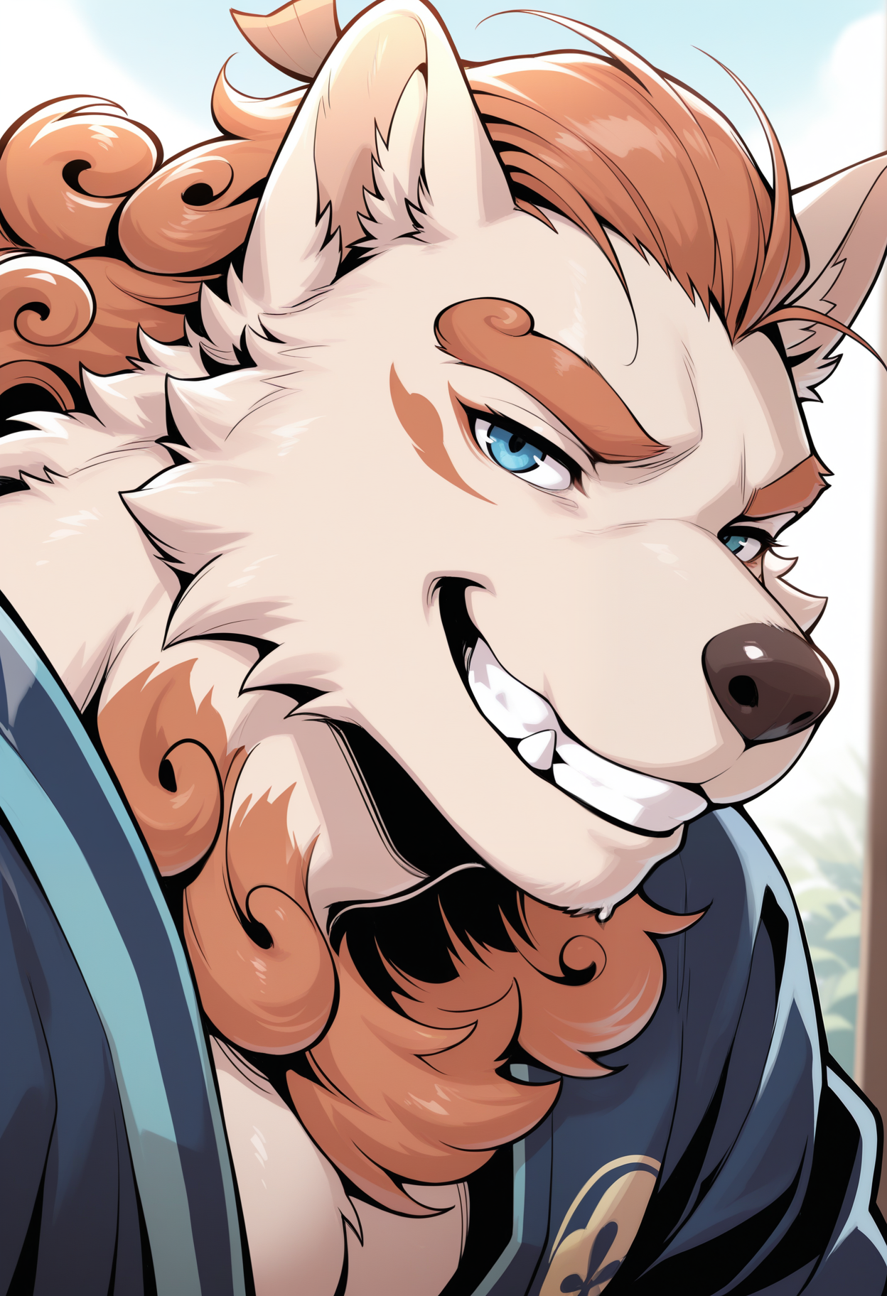 masterpiece,best quality,amazing quality, 1boy, solo, 1boy,t0y0, blue kimono, dog boy, close up, side angle, toothy_grin, 