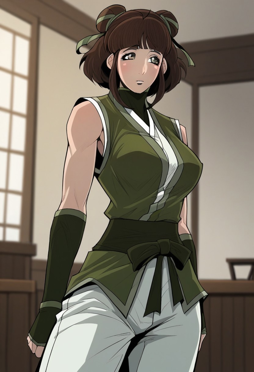 score_9,score_8_up,score_7_up,score_6_up,blurry, blurry background,1girl,tang mi ryeo,solo,brown eyes,blunt bangs,hair bun,double bun,brown hair,ribbon,hair ribbon,short hair,large breasts,ninja,pants,white pants,green footwear,sleeveless,upper body,dark,under light,indoors,living room,cowboy shot, dutch angle