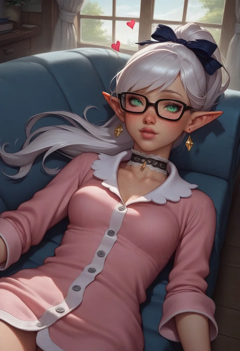 score_9, score_8_up, score_7_up, score_6_up, score_5_up, score_4_up, (hyperdetailed photography:1.5),( soft lighting:1.5), (bright lighting:1.5), (flat lighting), perfect face, 1girl,(floating hearts:2), (cowboy shot), (detailed background), detailed face, high angle pov, BREAK, 
(2girls), (multiple girls:2), sisters, (glowing green eyes:1.5), bright eyes, (platinum hair:1.6), (high wavy ponytail:2), (hair ribbon:2), (asymmetrical bangs), (feathered bangs:1.7), wavy hair, (freckles:2.2),( elf ears:1.5),( elf girl:1.5), (french girl), (steamy breath:2), (blushing:1.4), (very pale skin), (happy:1.5), (yandere), (loving expression), (hourglass figure), (wide hips), small waist, slender, petite, BREAK, (lace choker:1.5), (rectangular glasses:1.6),(diamond earrings:1.5), (pajamas:1.5), (pajama dress:1.5), lip gloss, BREAK, 
(laying down on couch:1.5), laying down, reading book, 
Indoors, living room, (log cabin), window, snowy landscape in window, beautiful curtains, cherry blossoms, , daytime, (beautiful sky:1.5), (colorful sky:1.5), (sunny day:1.5), (modern cabin:1.5),