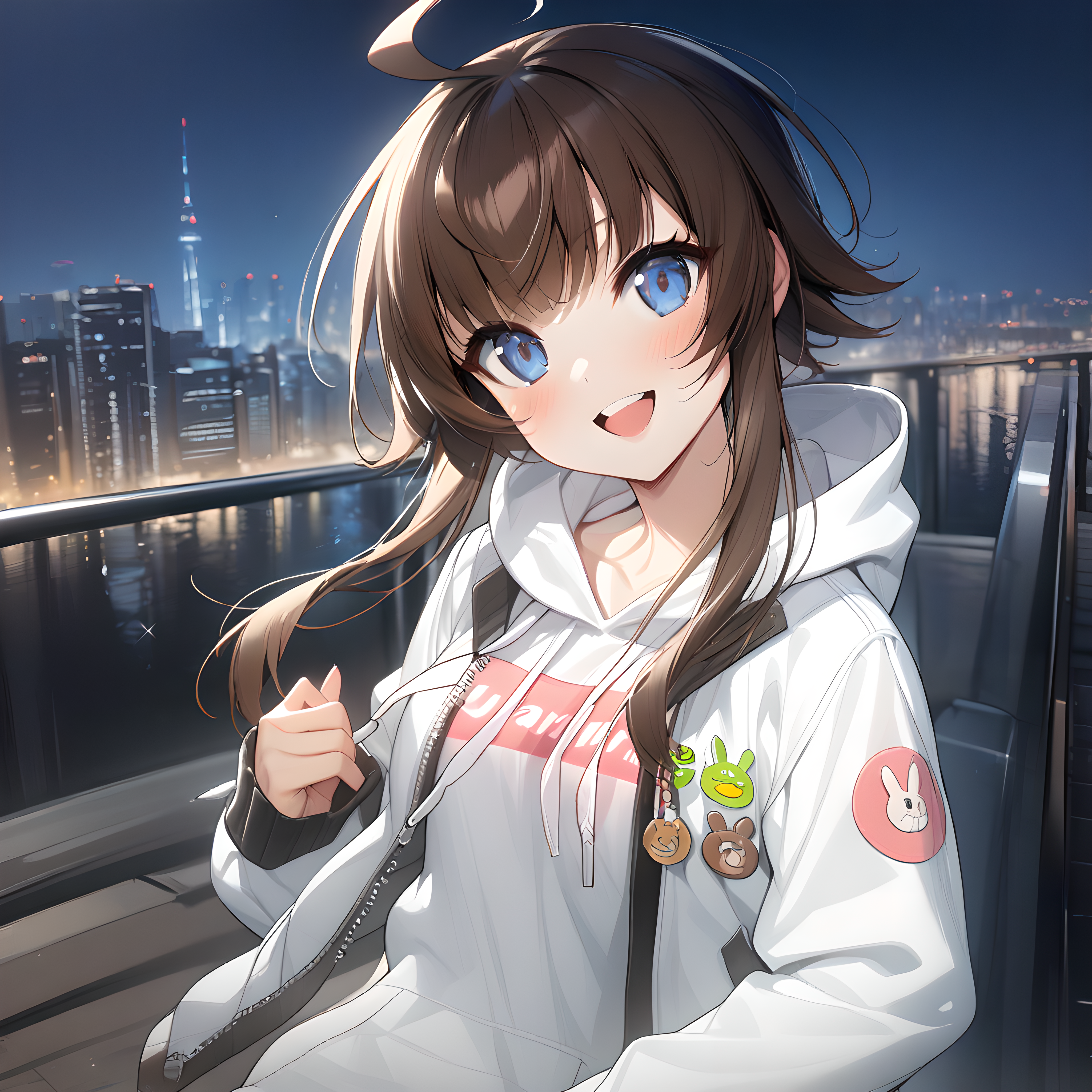 (masterpiece),(best quality),(ultra-detailed),(best illustration),(best shadow),(absurdres),(detailed background),(very aesthetic), yang harim, hood, solo, 1girl, hood down, blue eyes, ahoge, brown hair, white jacket, sleeves past wrists, jacket, white hoodie, long sleeves, upper teeth only, open mouth, night city background, defaultoutfit, smile, looking at viewer, close-up, portrait, hands on waist, proud, <lora:Yang_Harim:1>