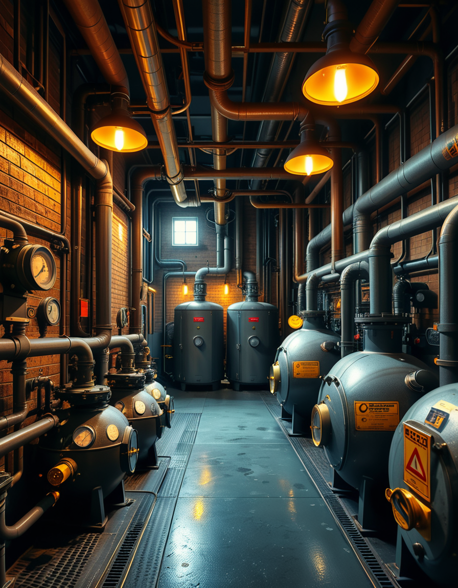 A highly detailed and realistic photograph of an industrial boiler room filled with large metal boilers, complex pipe systems, and pressure gauges. The room is dimly lit with a mix of warm yellow lighting from overhead industrial lamps and cool blue reflections from metallic surfaces. The air is slightly hazy with steam escaping from some of the pipes. The floor is made of reinforced concrete with visible stains from oil and water. Various control panels with blinking LED indicators and warning signs are mounted on the walls. The atmosphere is rugged and mechanical, evoking a sense of power and industrial efficiency. The depth of field is sharp, capturing intricate details such as rust on old pipes, the texture of the metal surfaces, and the labels on the control panels. The composition emphasizes symmetry, with pipes and machinery creating a structured, almost futuristic aesthetic. 
<lora:SDXLFaeTastic2400:0.4> <lora:extremely_detailed:0.4> extremely detailed,<lora:industrial_boiler_room:1>,industrial b01l3r r00m, Masterpiece,best quality,hi res,8k,hi res,8k,award winning,(sharp focus, intricate, highly detailed),