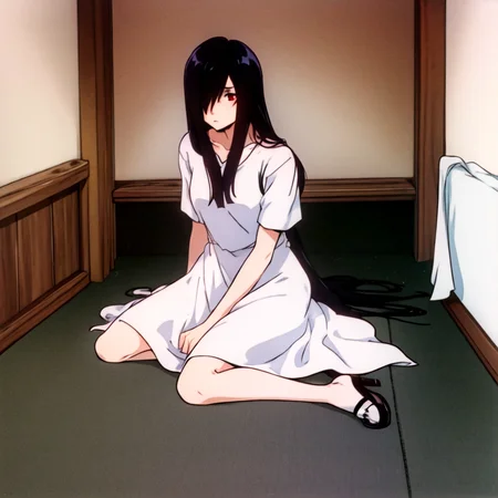 ((masterpiece)),(best quality), absurdres,sadako_yamamura,red eyes, white dress,<lora:Sadakobest:0.8>, <lora:evangelion1995Style_v1:0.8>,