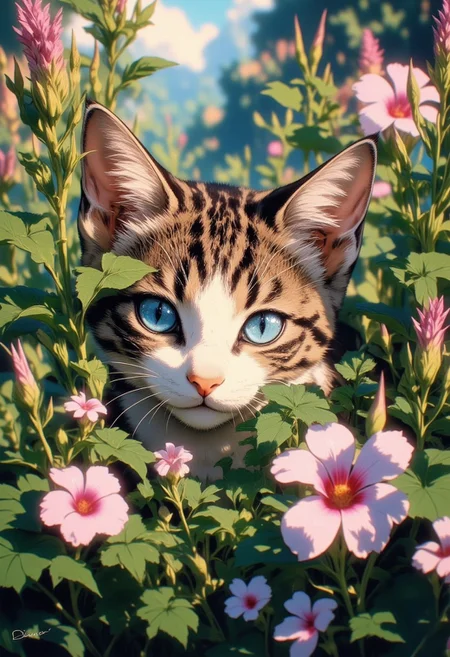 Adorable kitten with large, shiny blue eyes peeking out from a patch of lush green foliage and flowers. The kitten has a soft, fluffy face with white fur around its nose and mouth, and a pink, heart-shaped nose. The surrounding flowers are soft pastels, with pinks and purples creating a gentle contrast against the greenery. The lighting gives the image a warm, serene atmosphere.