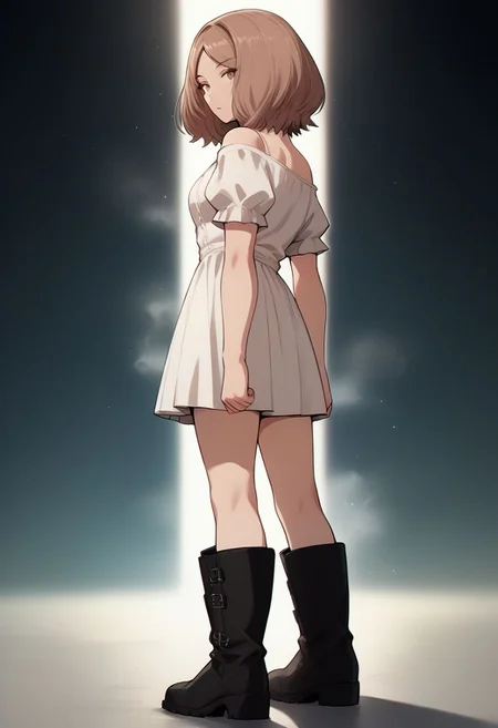 (anime,pastel,high-detailed face, score_9, score_8_up, score_7_up, best quality,ultra-detailed,extremely detailed,high resolution,perfect anatomy,super detailed skin,deep darkness), ,((NTR atmosphere,darkness,steam)), sideview, bokeh,
Edel ,solo, light brown hair, bob hair, splashed hair tips, center part bangs, brown eyes, slant eyes, droopy eyes,white one-piece, white mini skirt one-piece, white one-piece dress, puffy sleeves, short sleeves, black thighhigh boots, off-shoulder dress,
standing, open legs, long legs,
simple background, looking back, light particle, bokeh,