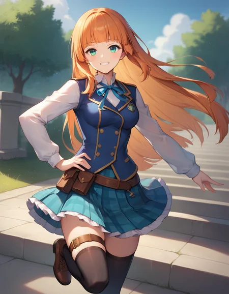 score_9,score_8_up,score_7_up,score_6_up BREAK official art,solo,outdoors,upper body,(portrait:1.5),looking at viewer,facing viewer,smile,Anne(snb),Anne uniform,very long hair,orange hair,hime cut,floating hair,sidelocks,blunt bangs,aqua eyes,school uniform,blue neck ribbon,blue vest,white shirt,buttons,long sleeves,hand on hip,medium breasts,brown belt,belt buckle,miniskirt,blue skirt,plaid skirt,frilled skirt,pleated skirt,zettai ryouiki,thigh strap,black thighhighs,cross-laced footwear,brown footwear,<lora:Anne(snb)-Pony:1.2>,<lora:Smooth Anime Style LoRA XL:0.8>,