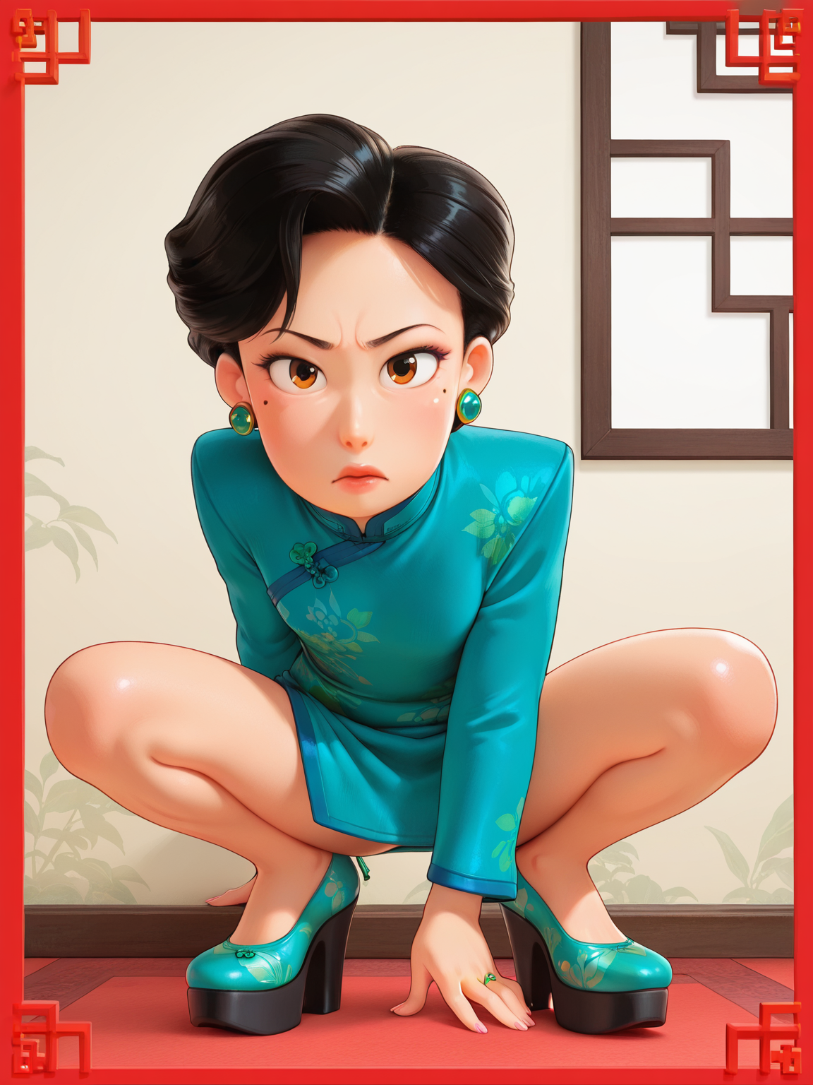<lora:Ming_LeeIL:0.9> m_l, 1girl, asian, bun black hair, wrinkles, brown eyes, mint eyeshadow, mole under the eye,
looking at viewer, squatting, front view, spreading legs, platform high heels