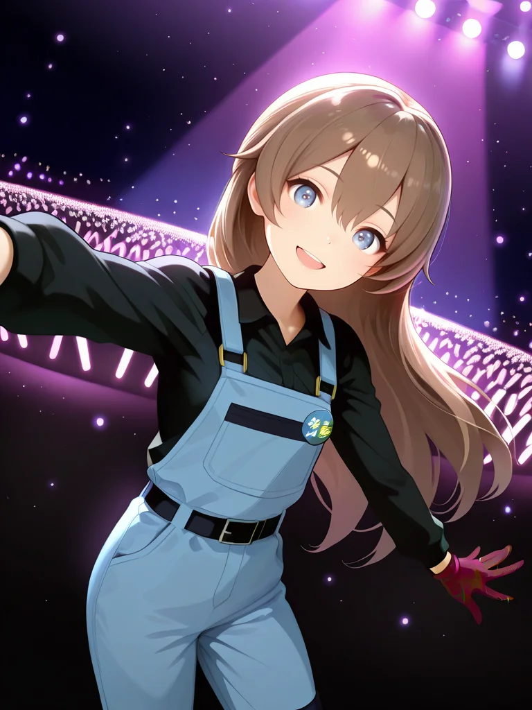 long sleeves,cowboy shot,<lora:IL_Toyu_Hitoka:1>,1girl,solo,Toyu Hitoka,fl_t,blue overall,glowstick,stage,concert,stage lights,audience,spotlight,leaning to the side,pigeon toed,reaching towards viewer,outstretched hand,head tilt,open smile,dutch angle,blue eyes,brown hair,long hair,collared shirt,belt,blue overall,black collared shirt,brown gloves,badge on chest,knee pads,bloom,backlighting,light particles,foreshortening,looking at viewer,from above,close-up of face,intense angle,, masterpiece,amazing quality,best quality,ultra-detailed,8K,illustration,CG,shiny hair,clear skin,ultra-detailed-eyes,ultra-detailed-background,