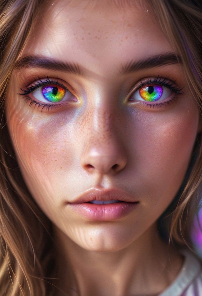 cute girl, human face,  human skin, bright  rainbowiridal cat eyes , cat moustache, intense gaze,