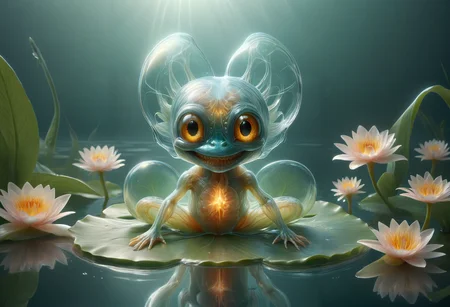 <lora:tranzp:1> tranzp style, a transparent creature with clear glass skin sitting on a lily pad in a lake <lora:cyberanatomy:0.5> cyberanatomy, blood vessels, intestines, colon, small intestine, guts, unidentifiable alien organs, nervous-system teeth, smiling, <lora:artfullyALIEN_SDXL_V1:0.8> artln