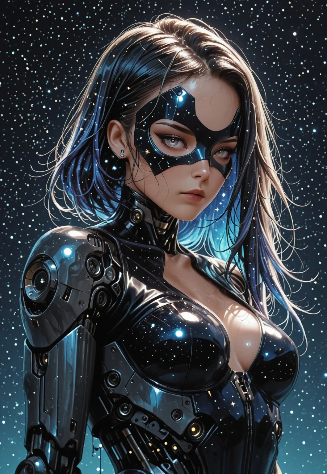 very aesthetic, high resolution, high quality, amazing quality, detailed, masterpiece, absurdres, simple background, galaxy, starry sky background, (volumetric lighting, scenery), score_9, score_8_up, score_7_up, (Jednvvd, vivid colors, geometric fragments, abstract patterns) /style/, BREAK BREAK, (1girl, solo), woman, mature_female, Jedcyb3er, cyborg body, Long hair, side cut, galaxy starry hair, asymmetrical hair, gray eyes, vivid eye color, (beautiful eyes:1.2), (gradient iris, crisp iris edges), (looking_at_viewer), (cybord body, galaxy hologram mask, holding planet), lean body, fit body proportion, sweaty, wet sweat, wet body, wet hair, standing pose, fighting stance, half-body portrait, BREAK,