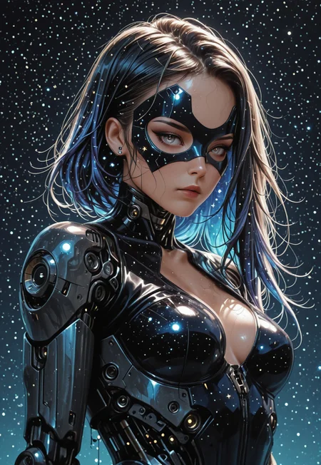 very aesthetic, high resolution, high quality, amazing quality, detailed, masterpiece, absurdres, simple background, galaxy, starry sky background, (volumetric lighting, scenery), score_9, score_8_up, score_7_up, (Jednvvd, vivid colors, geometric fragments, abstract patterns) /style/, BREAK BREAK, (1girl, solo), woman, mature_female, Jedcyb3er, cyborg body, Long hair, side cut, galaxy starry hair, asymmetrical hair, gray eyes, vivid eye color, (beautiful eyes:1.2), (gradient iris, crisp iris edges), (looking_at_viewer), (cybord body, galaxy hologram mask, holding planet), lean body, fit body proportion, sweaty, wet sweat, wet body, wet hair, standing pose, fighting stance, half-body portrait, BREAK,