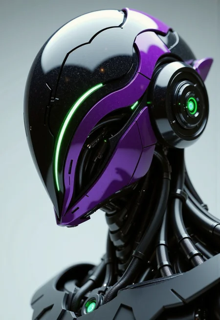 in the style of ckfa,Photorealistic side portrait of a faceless android zerg inspired star craft character, dynamic quarter view, faceless android head turned sharply as if reacting to something just off-camera. Features a striking helmet design with a sharp, central V-shaped faceplate made of matte black and metallic violet purple and toxic green segmented plates, converging to a point, glowing faintly with neon energy along their edges, slightly angled geometric flat shapes. Extremely intricate mechanical neck and upper torso visible, showcasing layered dark shiny gunmetal and steel plating, Set against a plain background. Cinematic lighting, hyperrealistic textures, (shallow depth of field:0.75).