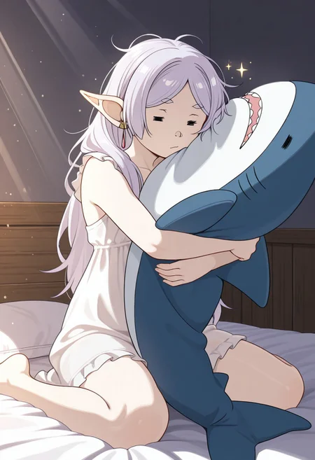 (masterpiece, best quality, high quality, good quality), 1girl, frieren, solo, on bed, wariza, messy hair, = =,
Blahaj, ikea shark, hugging ikea shark, sparkles,
nightgown, bedroom, morning, light rays, light particles