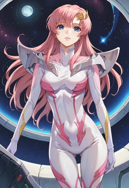 score_9,score_8_up,score_7_up,score_6_up,score_5_up,score_4_up,anime coloring,source_anime,anime,<lora:Lacus_Meer_Gundam_SEED_Pony:0.8>,lacusmeer,1girl,solo,blue eyes,pink hair,long hair,moon hair ornament,bodysuit,standing,spacecraft,
