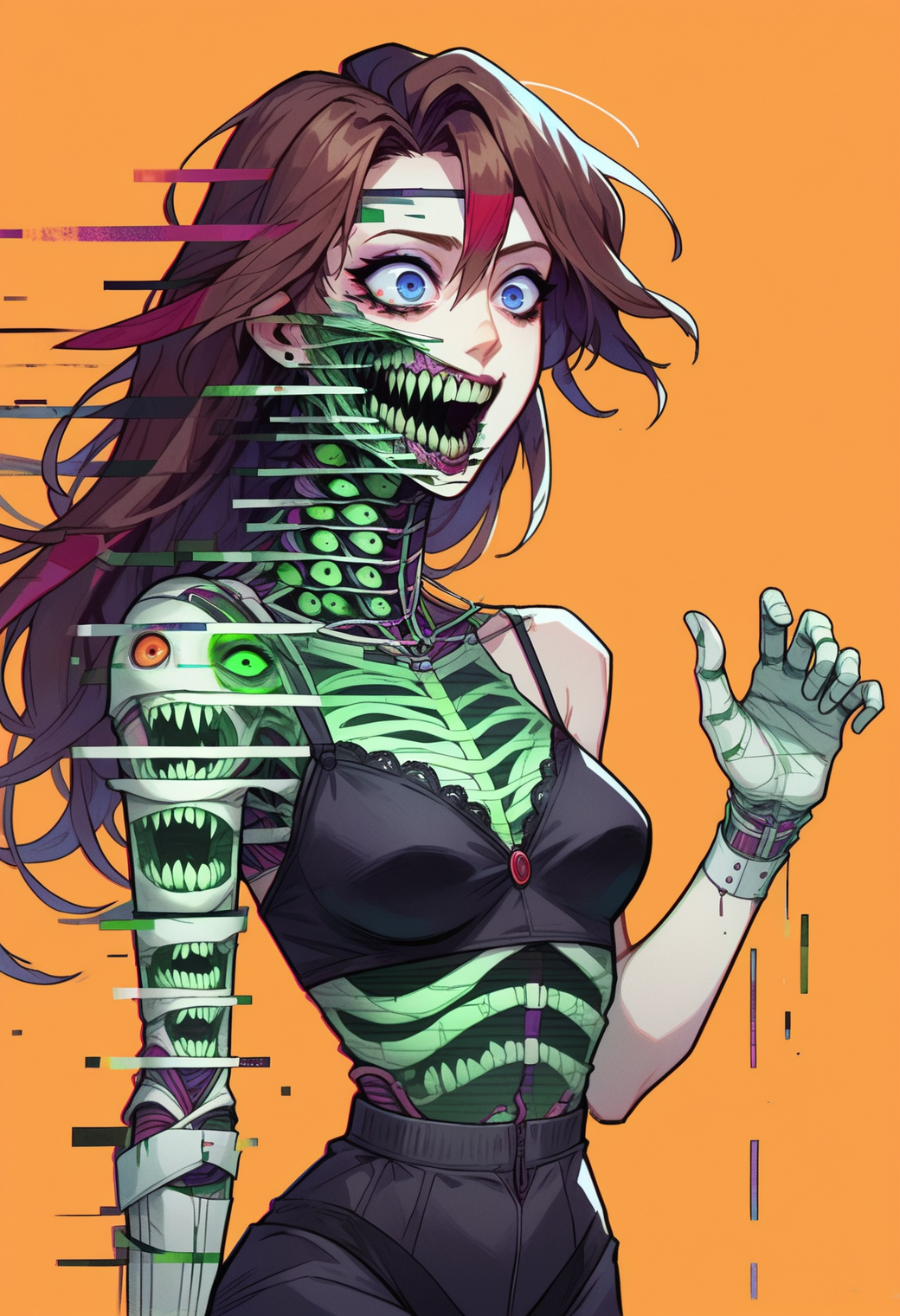 score_9, score_8_up, score_7_up, 1girl, Jessie Rasberry, sheer lingerie, crazy eyes, arched back, simple background, orange background,  <lora:ghostglitch-civit:1> ghostglitch, skeleton, extra eyes, videocassette,