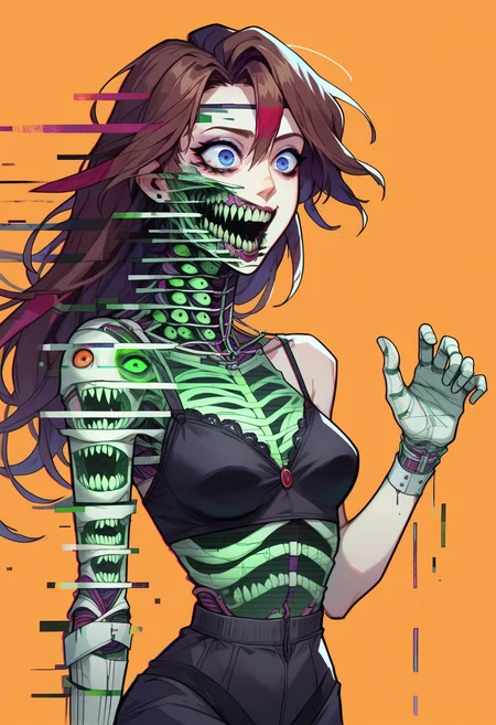 score_9, score_8_up, score_7_up, 1girl, Jessie Rasberry, sheer lingerie, crazy eyes, arched back, simple background, orange background,  <lora:ghostglitch-civit:1> ghostglitch, skeleton, extra eyes, videocassette,