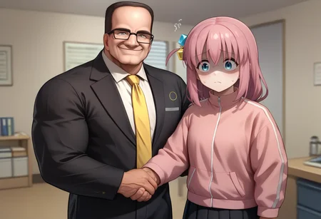 score_9, score_8_up, score_7_up, YoungMichaelScottShakingEdTrucksHand, handshake, <lora:YoungMichaelScottShakingEdTrucksHand_pdxl_Incrs_v1:0.55>, cowboy shot, size difference,
BREAK <lora:SenatorArmstrongPDXL_V1-Manityro-CAME:0.9> SenArmStrong, grey eyes, black hair, buzz cut, glasses, manly, muscular male, shirt, yellow necktie, black pants, 1boy, happy, smile, black jacket, long sleeves,
BREAK 1girl, bocchi the rock!, hitori bocchi, confused, pink jacket, blue eyes, sweat, black skirt,