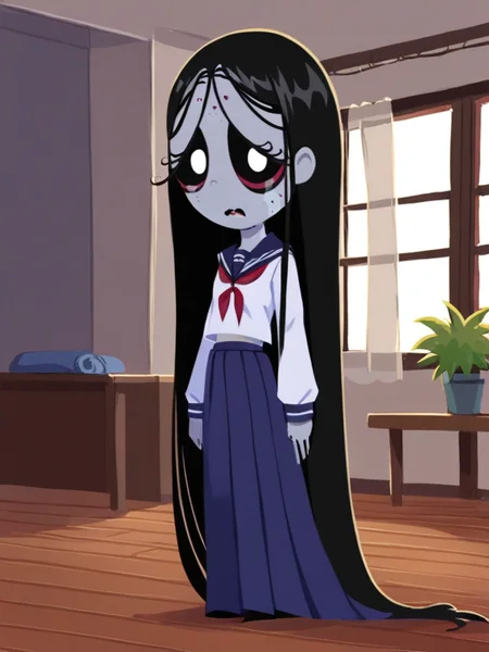 score_9, score_8_up, score_7_up,
1girl, misery gloom, very long hair, black hair, black sclera, white eyes, grey skin, half-closed eyes,
standing, school uniform, serafuku, long sleeves, long skirt, pleated skirt, open mouth, frown, looking at viewer, indoors, living room,