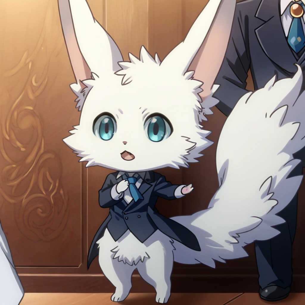 1boy, chibi, Navi, solo, formal, suit, open mouth, furry, necktie, male focus, furry male, white fur, standing