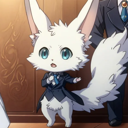 1boy, chibi, Navi, solo, formal, suit, open mouth, furry, necktie, male focus, furry male, white fur, standing