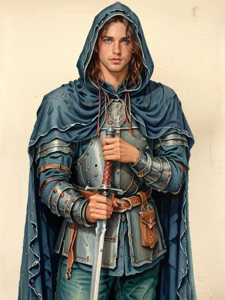 score_9, score_8_up, score_7_up, oblivionarts, solo, 1boy, male focus, armor, cape, hooded cowl, sword in hand, scimitar, simple background, traditional art, medieval aesthetic, <lora:Oblivion:1>