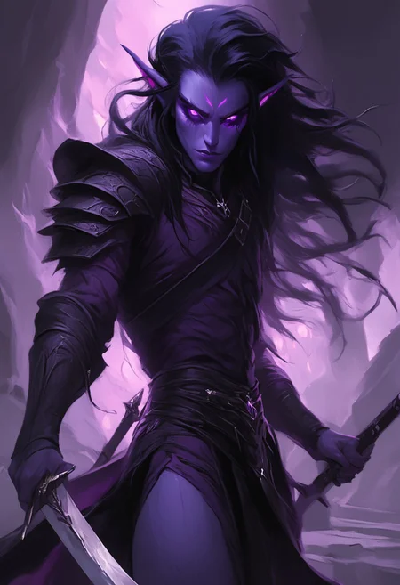 dark elf warrior, glowing purple eyes, black hair, sword