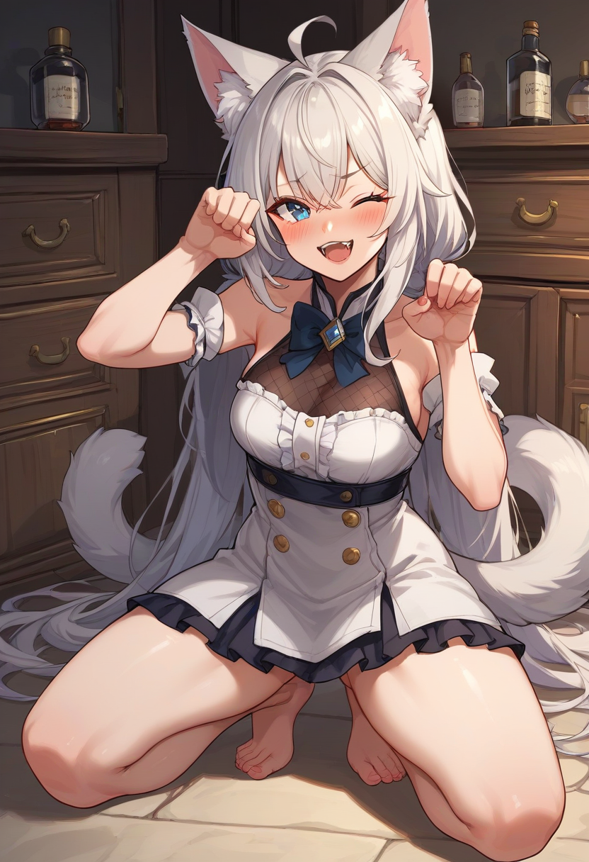 cute foxgirl blush embarrassed full body view barefoot zPDXL 8k (absurdes:1.2) fangs cat pose one eye closed smiling <lora:add_details_xl:0.5> <lora:Expressive_H:0.65> ExpressiveH