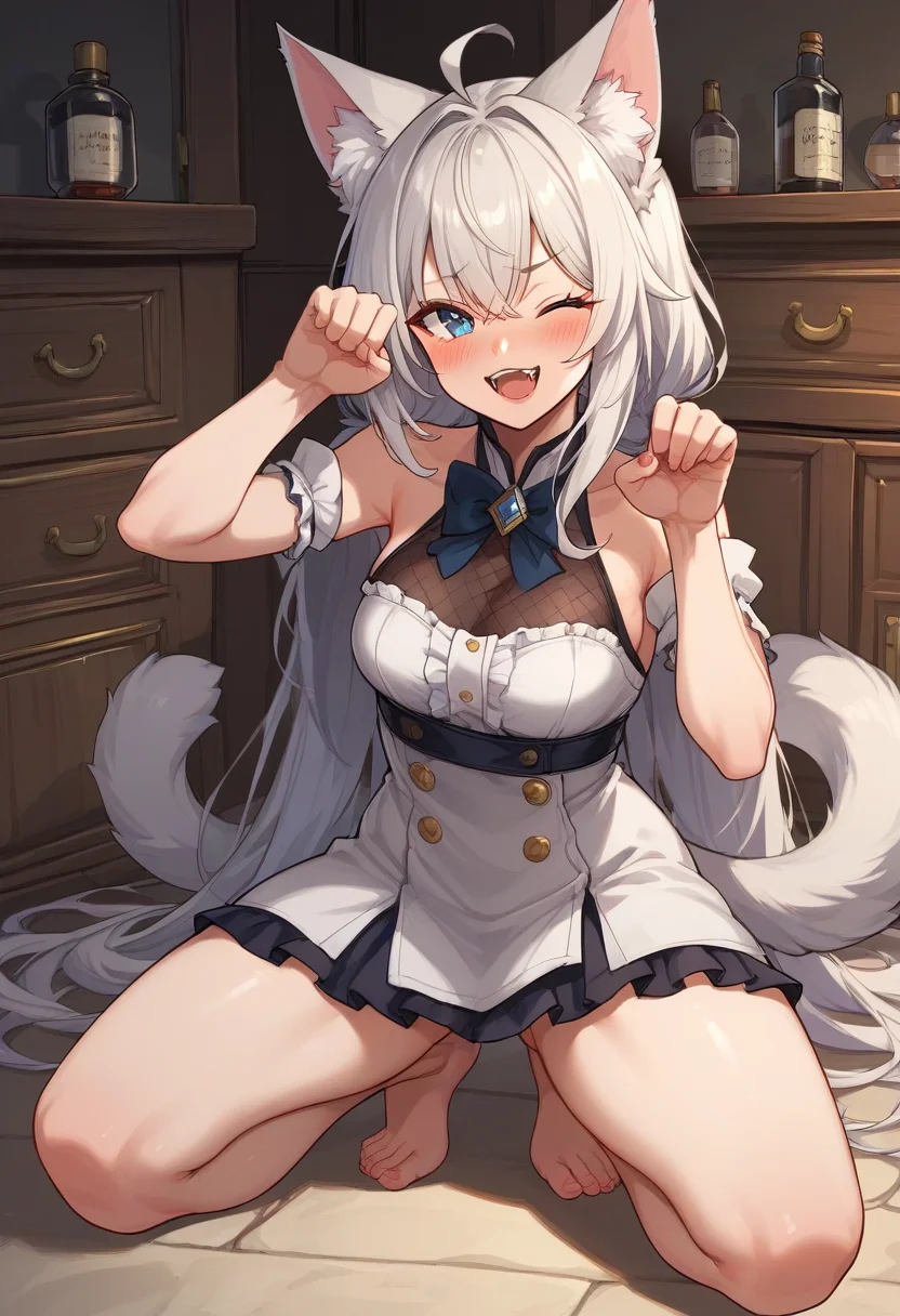 cute foxgirl blush embarrassed full body view barefoot zPDXL 8k (absurdes:1.2) fangs cat pose one eye closed smiling <lora:add_details_xl:0.5> <lora:Expressive_H:0.65> ExpressiveH