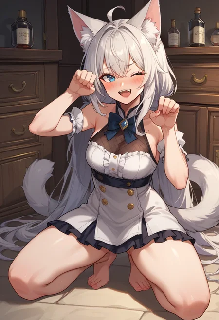 cute foxgirl blush embarrassed full body view barefoot zPDXL 8k (absurdes:1.2) fangs cat pose one eye closed smiling <lora:add_details_xl:0.5> <lora:Expressive_H:0.65> ExpressiveH