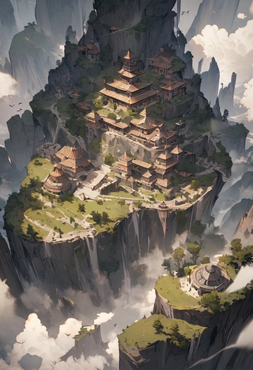 masterpiece, best quality, high detailed, fantasy landscape, from above, birds eye view, ancient, magical, 1 girl in the distances