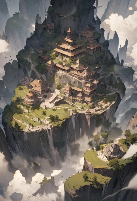 masterpiece, best quality, high detailed, fantasy landscape, from above, birds eye view, ancient, magical, 1 girl in the distances