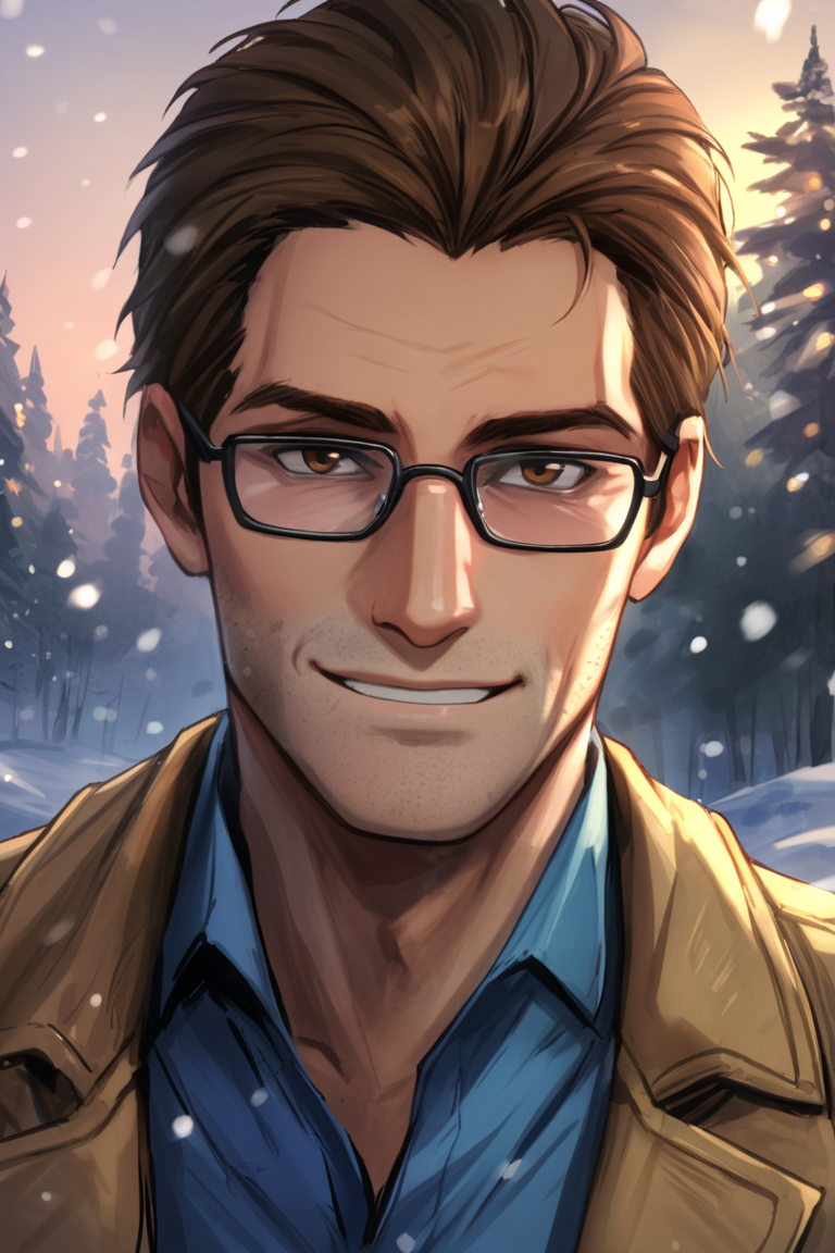 masterpiece, best quality, highres, extremely aesthetic, harrymason, 1boy, solo, male focus, mature male, short hair, brown hair, brown eyes, facial hair, stubble, glasses, black-framed eyewear, trench coat, beige coat, open coat, collared shirt, blue shirt, looking at viewer, smile, portrait, upper body, outdoors, winter, snowing <lora:Harry Mason - Silent Hill Shattered Memories v1.0 [LoRA] - Animagine XL V3.1:0.8>