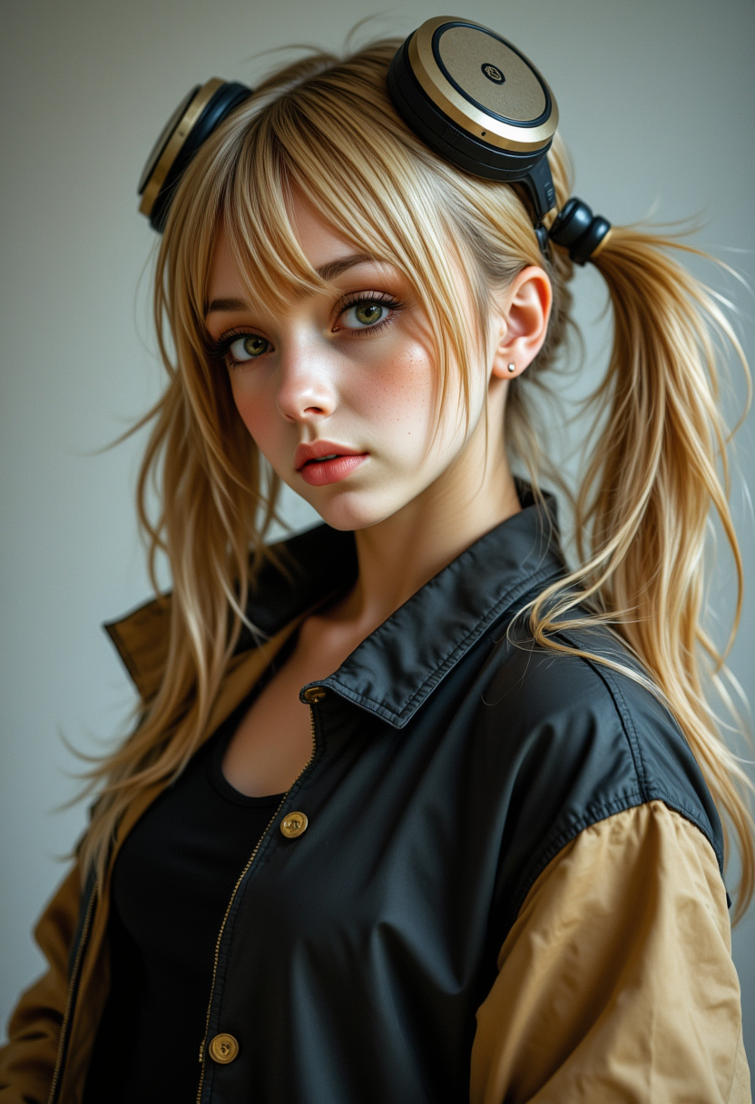 she is approximately 18 years old, profile headshots, dynamic angles,photoshoot poses, She has blonde hair, a photo of Gr@ce, a woman, wearing a black and tan jacket, with her hair in pigtails, she is wearing  headphones on her head, standing in front of a wall, in a painting style, with a sense of style. she is looking directly at the camera with a happy expression on her face.  The overall mood of the image is intense and dramatic,RAW candid cinema,16mm,color graded portra 400 film,remarkable color,ultra realistic,textured skin,remarkable detailed pupils,realistic dull skin noise,visible skin detail,skin fuzz,dry skin,shot with cinematic camera,detailed skin texture,(blush:0.2),(goosebumps:0.3),subsurface scattering,beautiful photograph in the style of Augustus John,Sergio Toppi,Virginia Frances Sterrett,8k HD,detailed skin texture,ultra realistic,textured skin,analog raw photo,cinematic grain,whimsical.perfection style,aidmareduxstyle, aidmafluxpro1.1