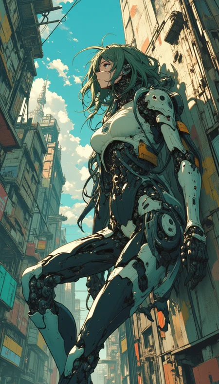create a female character with biomech body as a 1980s anime film in a distopic destroyed city, the character is tired of live in this world and is leaning on the wall