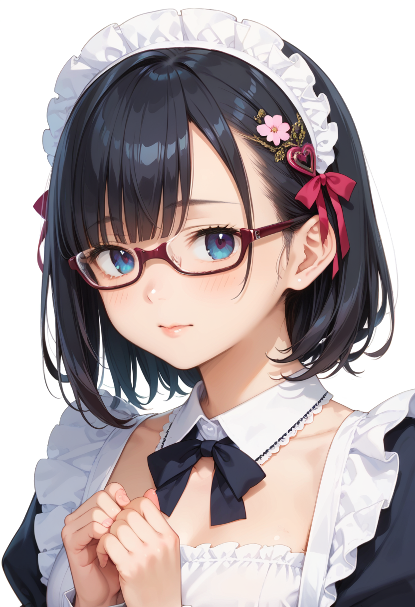 score_9, score_8_up, score_7_up, rating_safe, masterpiece, best quality, absurdres, unity 8k wallpaper, official art, official style, source_anime, uncensored, game cg, megami magazine,
1girl, solo, black hair, medium hair, upper body, covered eyes,maid, maid headdress, black dress, maid apron, face focus,
underrim_cell, glasses, still life, white background, simple background, under-rim eyewear, red-framed eyewear, 
 <lora:glasses_underRimCell_PONY_V1:1>