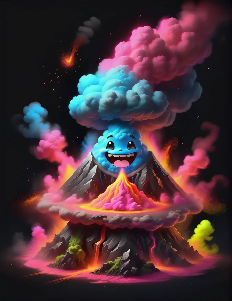<lora:ChalkDustStyleSDXL:1> a glowing magical cute smiling volcano in the style of chalkdust, 8k, releasing neon glowing smoke, happy volcano, kawaii, adorable, digital art, high quality, highly detailed