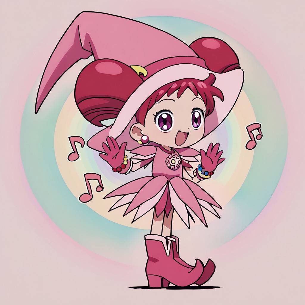 score_9, score_8_up, score_7_up BREAK Doremi2, 1girl, short red hair, purple eyes, fuchsia pearl earrings, odango pigtails, pink witch hat, fuchsia hat band with yellow musical note, layered short-sleeve pink dress, rainbow pearl circle chest badge, fuchsia gloves, rainbow pearl wristband, fuchsia white boots, chibi, chibi style, kawaii, happy,