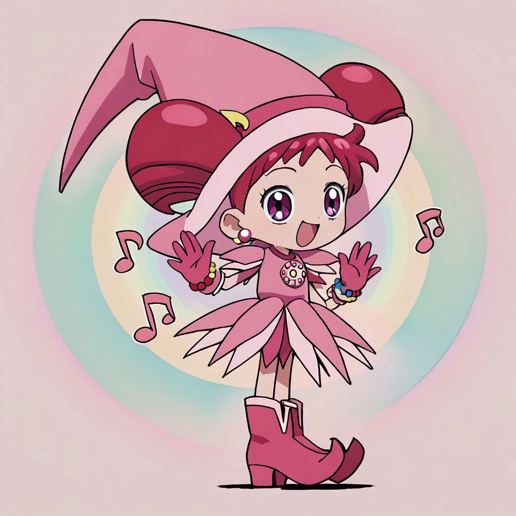 score_9, score_8_up, score_7_up BREAK Doremi2, 1girl, short red hair, purple eyes, fuchsia pearl earrings, odango pigtails, pink witch hat, fuchsia hat band with yellow musical note, layered short-sleeve pink dress, rainbow pearl circle chest badge, fuchsia gloves, rainbow pearl wristband, fuchsia white boots, chibi, chibi style, kawaii, happy,
