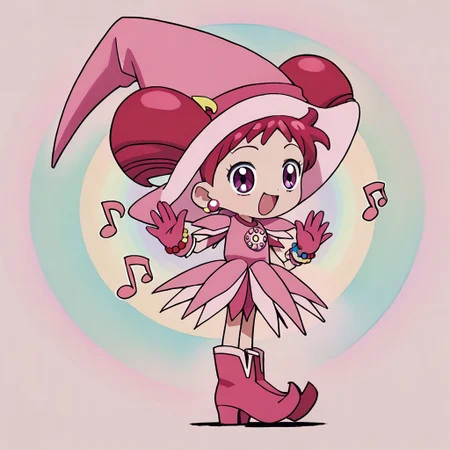 score_9, score_8_up, score_7_up BREAK Doremi2, 1girl, short red hair, purple eyes, fuchsia pearl earrings, odango pigtails, pink witch hat, fuchsia hat band with yellow musical note, layered short-sleeve pink dress, rainbow pearl circle chest badge, fuchsia gloves, rainbow pearl wristband, fuchsia white boots, chibi, chibi style, kawaii, happy,