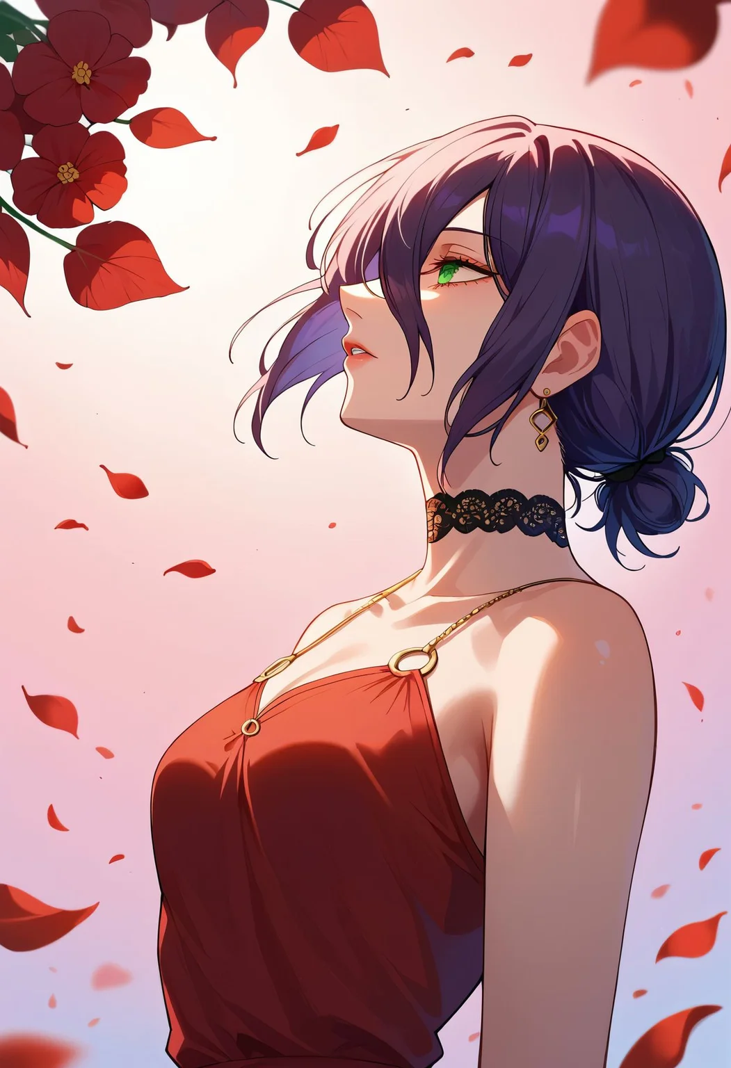 score_9,score_8_up,core_7_up, <lora:reze_chainsaw_man_pdxl_v1_goofy:1>reze \(chainsaw man\), 1girl, backlighting, bare arms, bare shoulders, breasts, choker, closed mouth, collarbone, dress, earrings, eyelashes, falling petals, floating clothes, floating hair, flower, formal, glint, green eyes, grenade pin, hair bun, hair flower, hair ornament, hair over eyes, hair scrunchie, jewelry, lace, lace choker, leaf hair ornament, lipstick, looking to the side, makeup, necklace, o-ring, o-ring top, parted lips, pendant, petals, profile, purple hair, red dress, red flower, scrunchie, single hair bun, sleeveless, sleeveless dress, small breasts, solo, upper body