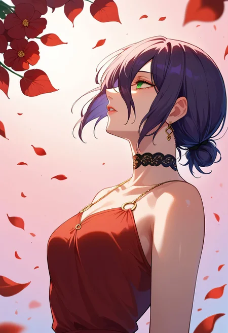 score_9,score_8_up,core_7_up,  <lora:reze_chainsaw_man_pdxl_v1_goofy:1>reze \(chainsaw man\), 1girl, backlighting, bare arms, bare shoulders, breasts, choker, closed mouth, collarbone, dress, earrings, eyelashes, falling petals, floating clothes, floating hair, flower, formal, glint, green eyes, grenade pin, hair bun, hair flower, hair ornament, hair over eyes, hair scrunchie, jewelry, lace, lace choker, leaf hair ornament, lipstick, looking to the side, makeup, necklace, o-ring, o-ring top, parted lips, pendant, petals, profile, purple hair, red dress, red flower, scrunchie, single hair bun, sleeveless, sleeveless dress, small breasts, solo, upper body