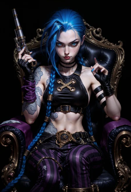 JinxA, a stylized character with a distinct, cool appearance. The girl has light skin and striking blue hair styled in a long braid. She has intense, blue eyes and a focused expression. The girl is seated in a relaxed, yet assertive pose on a dark, ornate chair. She is wearing a sleeveless crop top with crisscross lacing and dark, striped pants. Tattoos are visible on her arms. In one hand, she holds a pistol with intricate designs. The background is dark, enhancing the character's vivid colors and details. <lora:FluxMythP0rtr4itStyle:0.6> <lora:Midjourney_Dreamlike_Fantasy_FLUX_LoRA:0.6> <lora:Elden_Ring_-_Yoshitaka_Amano:0.33>
<lora:FluxJinxV2:1>