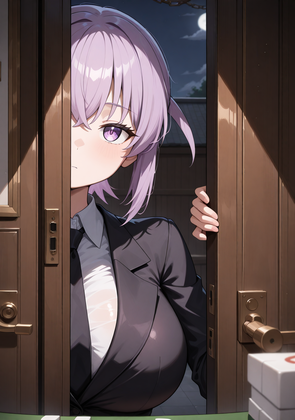 masterpiece, best quality, absurdres, perfect lighting,shiny skin,<lora:StS-Illustrious-Detail-Slider-v1.0:3>,<lora:illustrious_noobai_epsilon_pred_1_best_quality_v1:1>,1girl,huge breasts,kainou yoshiko,purple eyes,purple hair,short hair, <lora:kainou_yoshiko:1>,suit, formal, black necktie, shirt,mahjong tile,hplding_mahjong tile, expressionless, upper body,door, looking at viewer, door chain,peeking out, open door, chain, pov doorway,night,dark_theme,upper body,<lora:doorchain_Illust_v1:0.9>