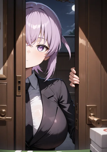 masterpiece, best quality, absurdres, perfect lighting,shiny skin,<lora:StS-Illustrious-Detail-Slider-v1.0:3>,<lora:illustrious_noobai_epsilon_pred_1_best_quality_v1:1>,1girl,huge breasts,kainou yoshiko,purple eyes,purple hair,short hair, <lora:kainou_yoshiko:1>,suit, formal, black necktie, shirt,mahjong tile,hplding_mahjong tile, expressionless, upper body,door, looking at viewer, door chain,peeking out, open door, chain, pov doorway,night,dark_theme,upper body,<lora:doorchain_Illust_v1:0.9>