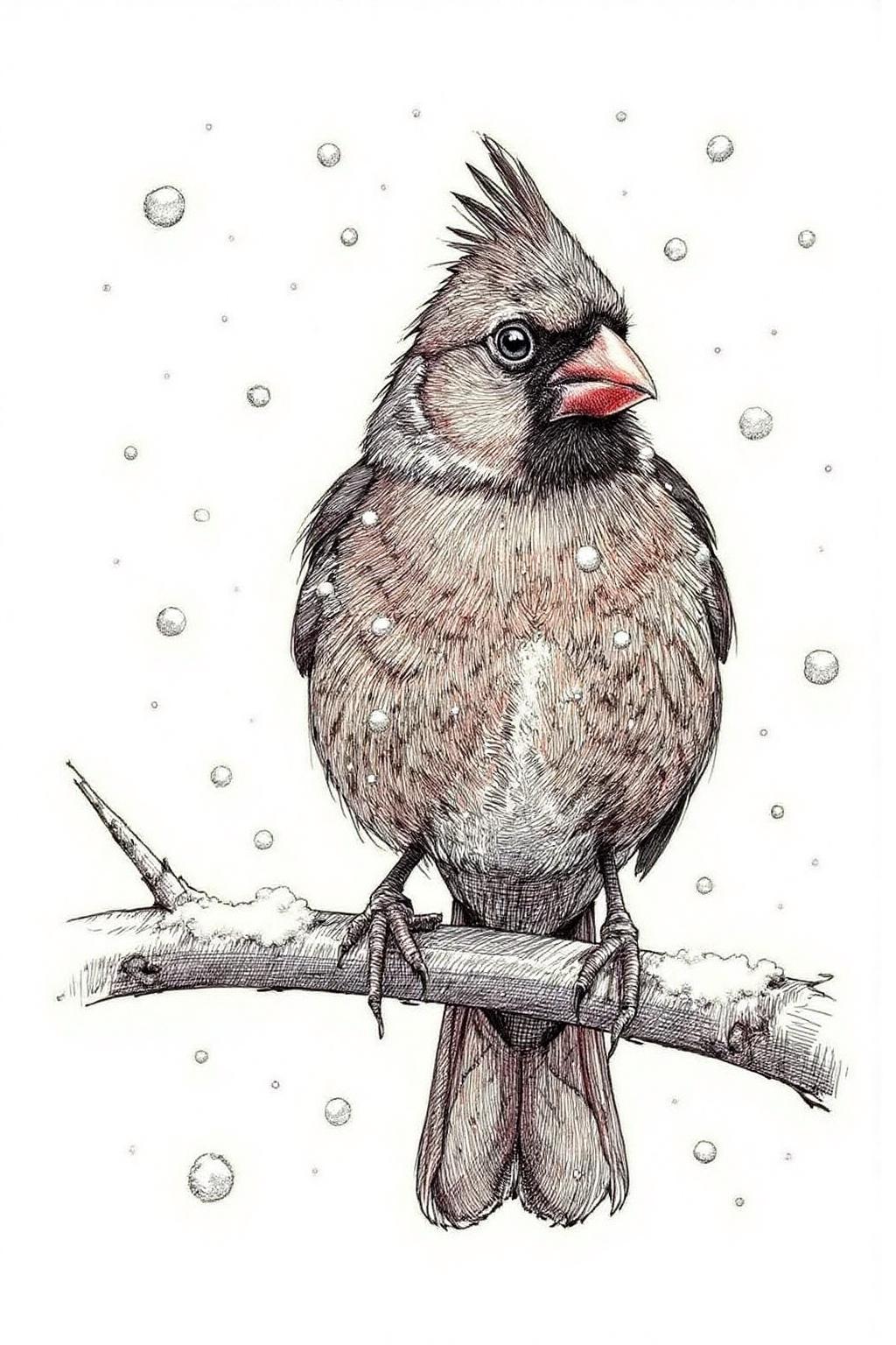 crosshatch black and white drawing of a red cardinal perched on a branch during a snowstorm
 <lora:crosshatch2_nocap_d6a3:1.0><lora:809158365537349069:0>