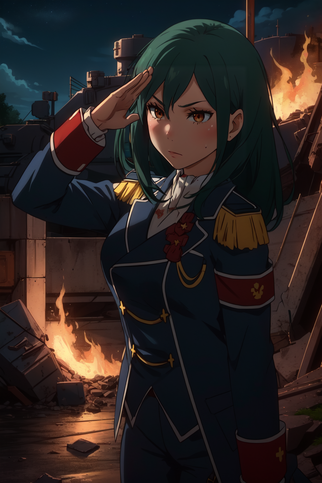 (masterpiece, best quality),  intricate details,
1girl,     <lora:CruschKarsten:0.8> pikkycrusch,
military base, salute, night time, fires, debris, tanks, military vehicle, sweating, blood,