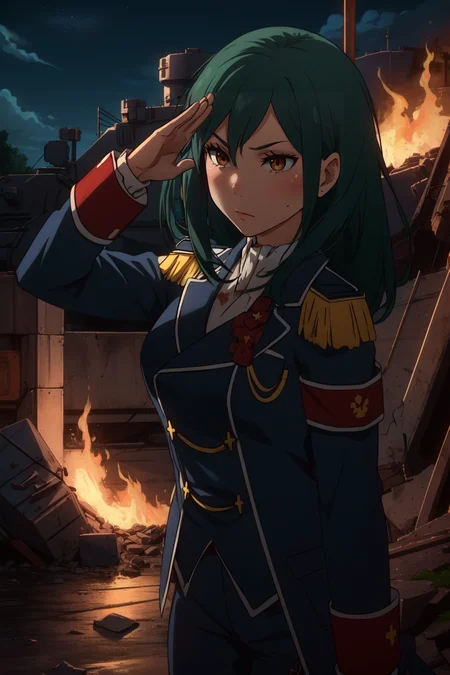 (masterpiece, best quality), intricate details,
1girl, <lora:CruschKarsten:0.8> pikkycrusch,
military base, salute, night time, fires, debris, tanks, military vehicle, sweating, blood,