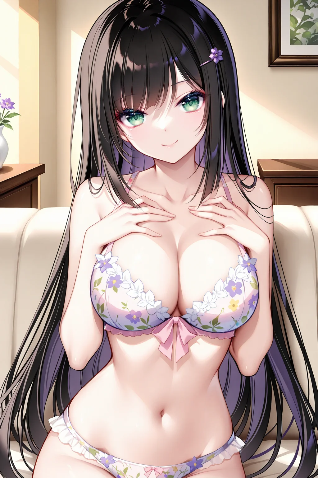 masterpiece,best quality,newest,absurdres,highres,soft shadows,photorealistic,year2024,mutou kurihito,[kimishima ao],[[[bison cangshu]]],[[[[[sheya]]]]],
<lora:sumireXLNAI:1>,ensemble style,sumire(ensemble),1girl,green eyes,black hair,long hair,purple flower hairpin,bangs,1girl,smile,
living room,hand on own chest,
<lora:neiyiâãnoobã:1>,Floral bra and panties set,Pastel floral lingerie,Pink and white lingerie,Floral pattern bra and panties,