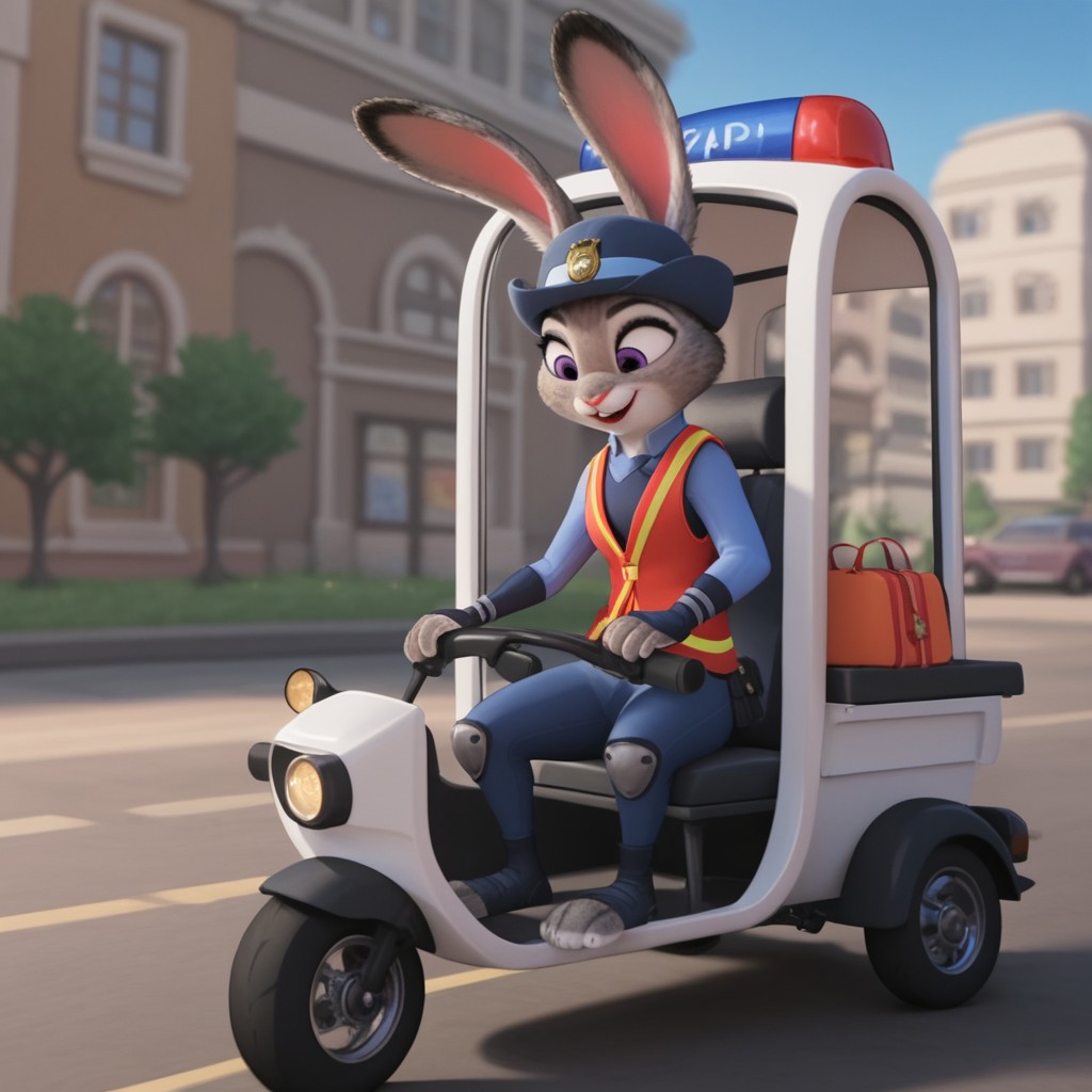 score_9, score_8_up, score_7_up, score_6_up, score_5_up, score_4_up, source_furry, hoppsJudyzt, anthro, female, bunny, grey fur, purple eyes, rabbit ears, rabbit tail, rabbit girl, zpd parking uniform, dark blue pants, blue shirt, orange safety vest, hat, toeless blue footwear, sitting, driving, white zpd police cart, street, city, vehicle