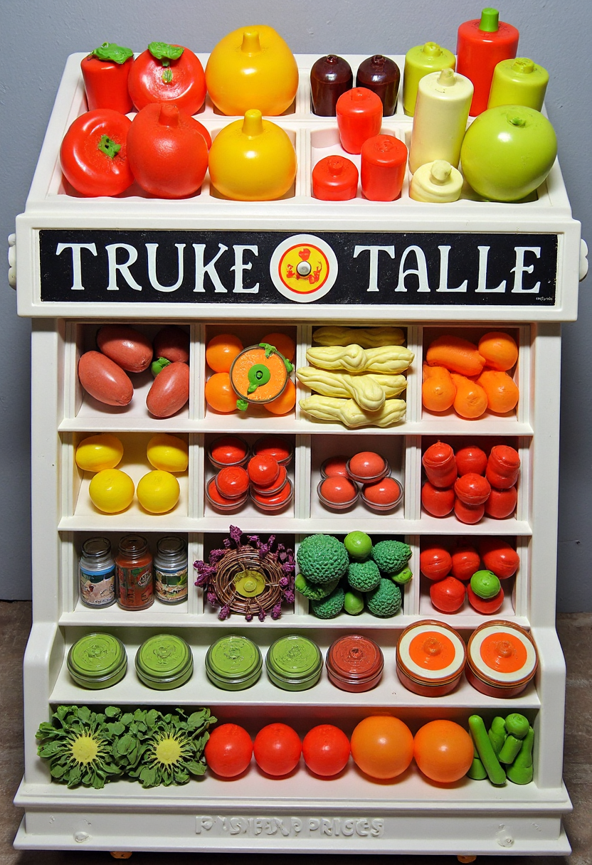 80s fisher price version of a supermarket isle with fruits and vegetables, FP80S style, fisher price 80s style